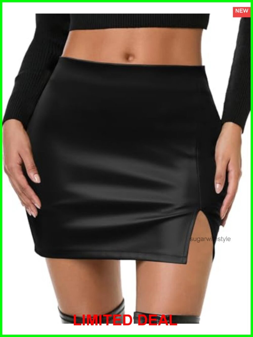 Faux Leather Mini Skirt High Waisted Bodycon Side Slit Women's